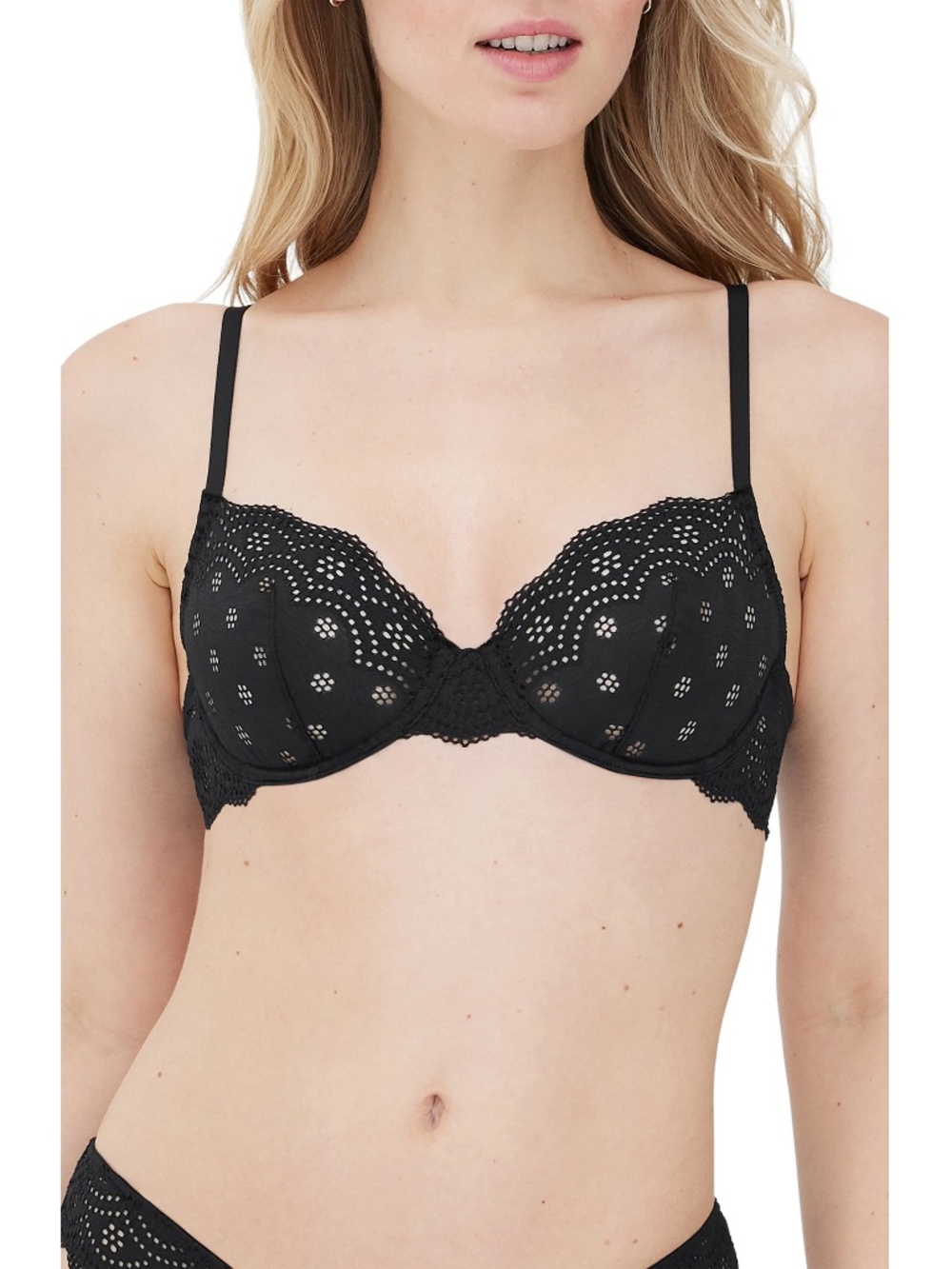 SKARLETT BLUE NWT SMITTEN UNDERWIRE EYELET LACE BLACK DEMI BRA. SIZE 34B